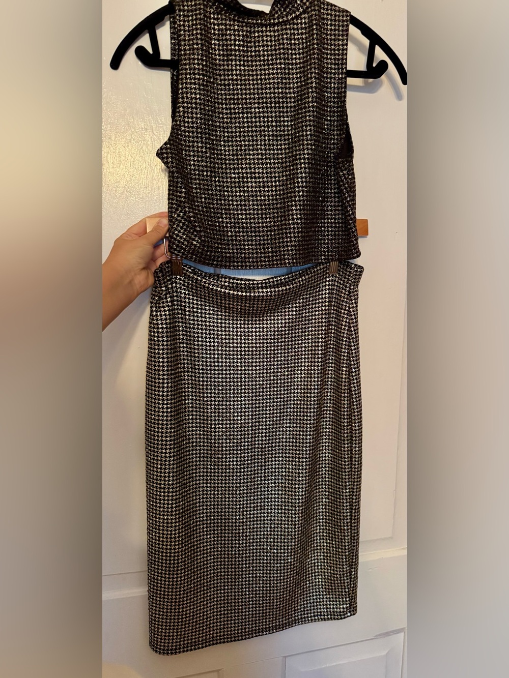 Y2K Black & Gold Houndstooth Pencil Skirt and Top Set